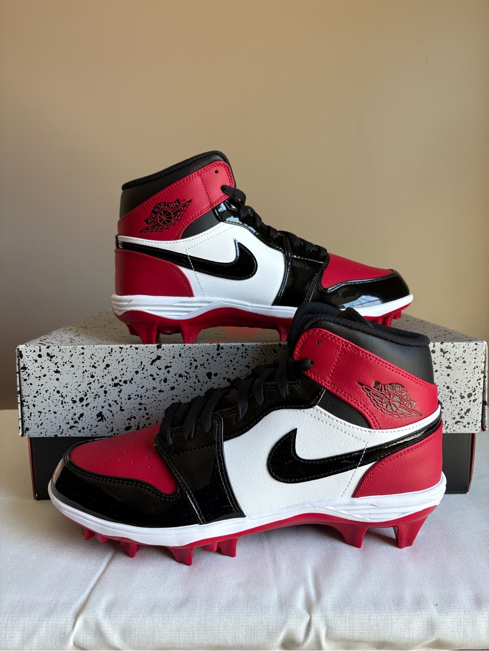 Nike Jordan Ones Red, Black & White Mid-Top Football Cleats